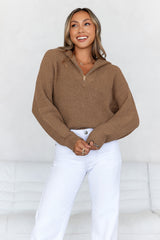 Snowfall Knitted Half Zip Jumper Brown