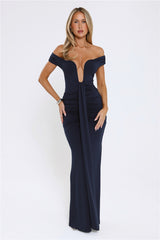 Chic Serenity Off Shoulder Maxi Dress Navy