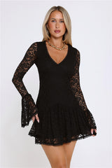 Gilded Lace Nights Long Sleeve Mini Dress Black