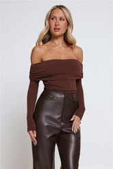 Mind Made Up Off Shoulder Long Sleeve Top Chocolate