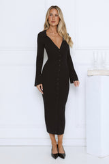 Snow Kiss Soirée Ribbed Midi Dress Black