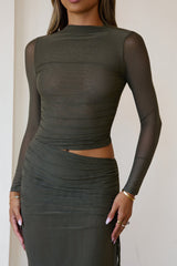 Own It Always Mesh Long Sleeve Maxi Dress Khaki