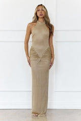 Champagne Horizon Halter Knit Maxi Dress Gold