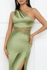 Show You Love One Shoulder Satin Maxi Dress Green