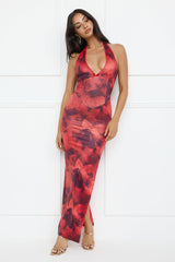 Watermelon Splash Halter Mesh Maxi Dress Red