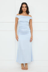 Polished Radiance Off Shoulder Satin Maxi Dress Blue