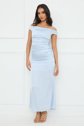 Polished Radiance Off Shoulder Satin Maxi Dress Blue