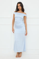 Polished Radiance Off Shoulder Satin Maxi Dress Blue