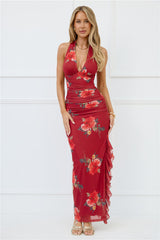 Seductive Sway Mesh Halter Maxi Dress Wine
