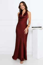 Cherry Whirl Satin Halter Maxi Dress Burgundy