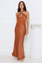 Formal Statement Halter Satin Maxi Dress Mocha