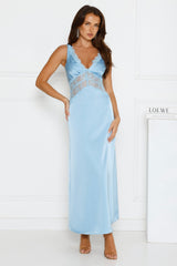 Softly In Season Satin Maxi Dress Blue