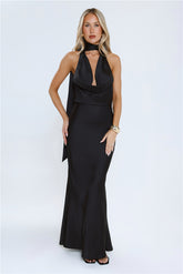 VIP Energy Satin Scarf Halter Maxi Dress Black