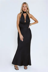 VIP Energy Satin Scarf Halter Maxi Dress Black