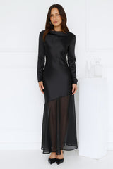 Exquisite Luxury Satin Long Sleeve Maxi Dress Black