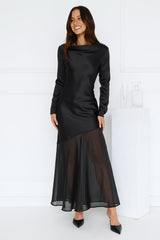 Exquisite Luxury Satin Long Sleeve Maxi Dress Black