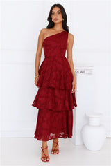 Pixie Petals One Shoulder Maxi Dress Burgundy