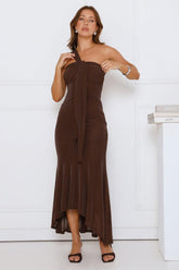 Scene Queen One Shoulder Maxi Dress Brown