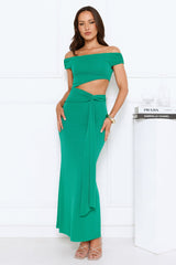 Old Love Letter Off Shoulder Maxi Dress Green