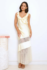 Shine Without Trying Lace Satin Maxi Dress Yellow