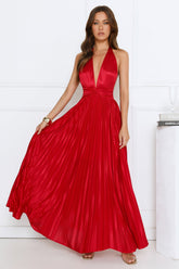 Shimmering Sea Pleated Halter Maxi Dress Red