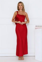 Romantic Tales Satin One Shoulder Maxi Dress Red