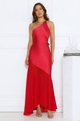 Rosé Nights One Shoulder Satin Maxi Dress Red