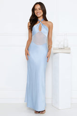 Formal Statement Halter Satin Maxi Dress Blue