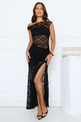 Sultry Spin Lace Off Shoulder Maxi Dress Black
