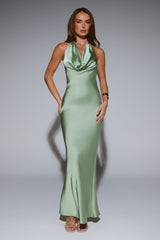 VIP Energy Satin Scarf Halter Maxi Dress Sage