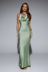 VIP Energy Satin Scarf Halter Maxi Dress Sage