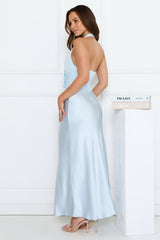 Petal Lane Mesh Satin Halter Maxi Dress Blue