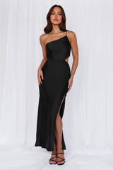 HELLO MOLLY The Opal One Shoulder Satin Maxi Dress Black
