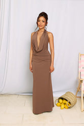 Silk Essence Halter Maxi Dress Brown