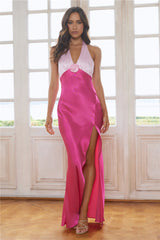 Sassy In SoHo Halter Satin Maxi Dress Pink