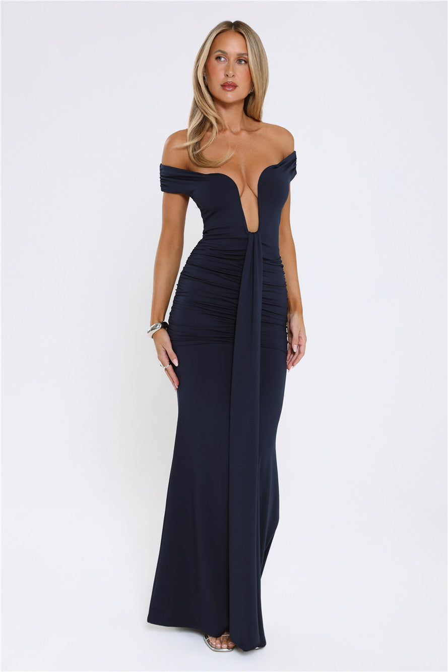 Chic Serenity Off Shoulder Maxi Dress Navy