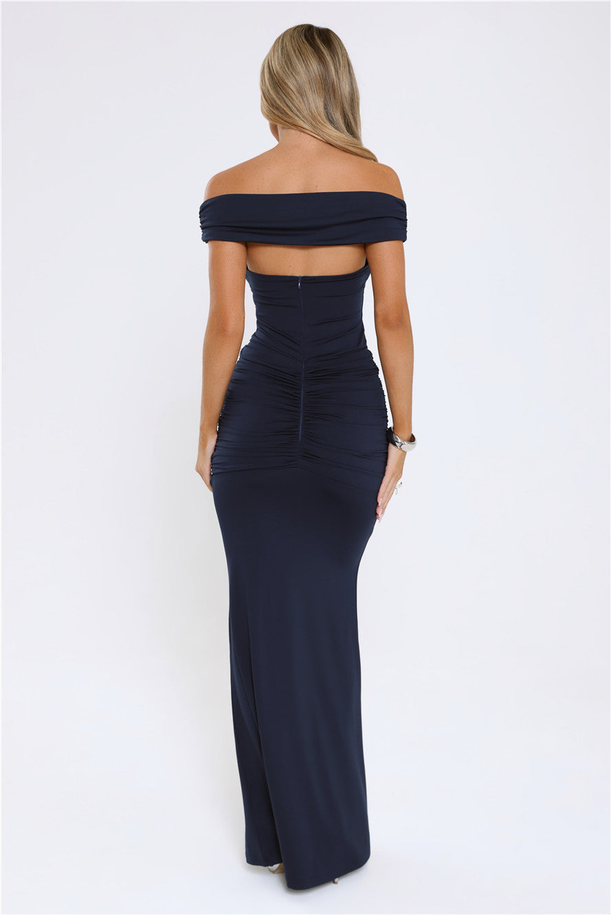 Chic Serenity Off Shoulder Maxi Dress Navy