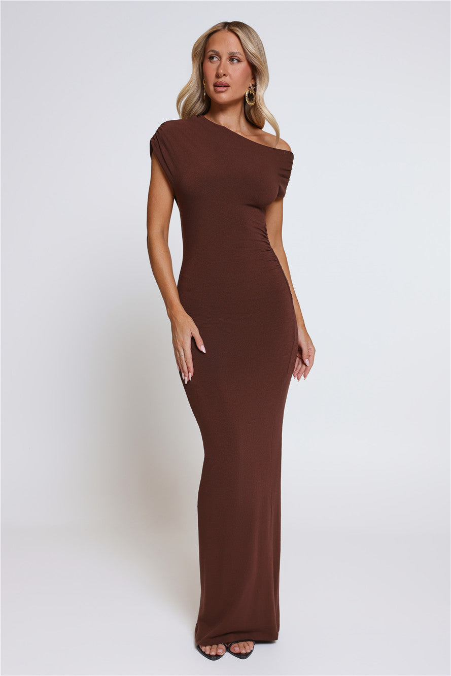 Dearest Desire Off Shoulder Maxi Dress Chocolate
