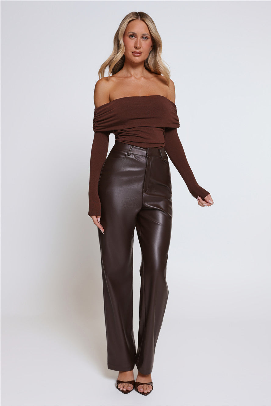 Mind Made Up Off Shoulder Long Sleeve Top Chocolate