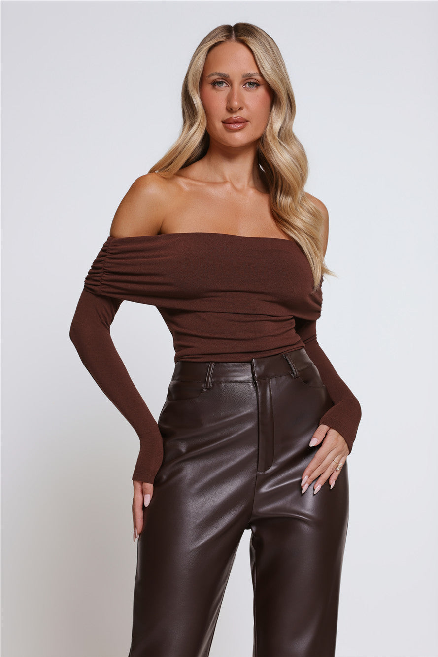 Mind Made Up Off Shoulder Long Sleeve Top Chocolate