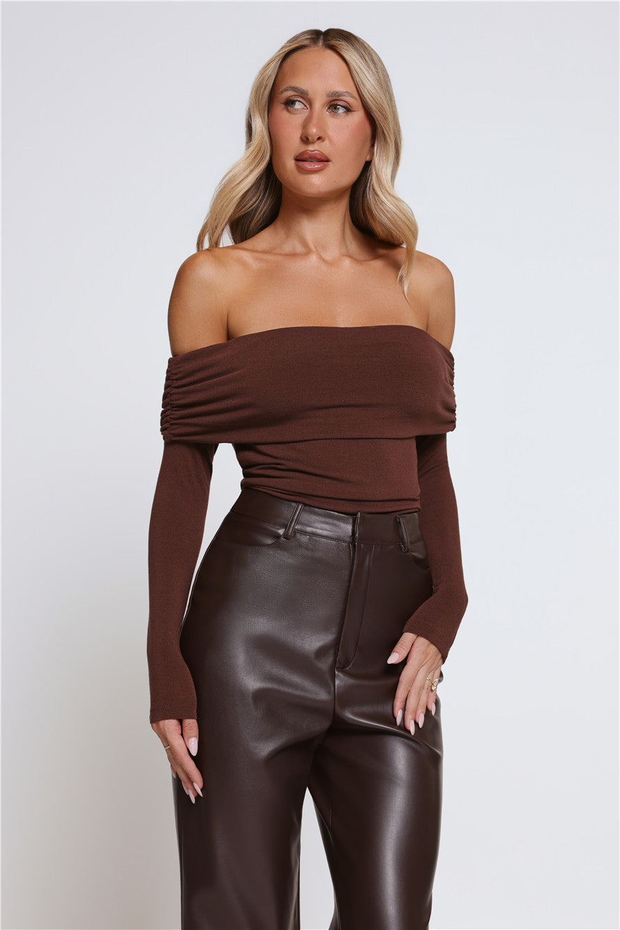 Mind Made Up Off Shoulder Long Sleeve Top Chocolate