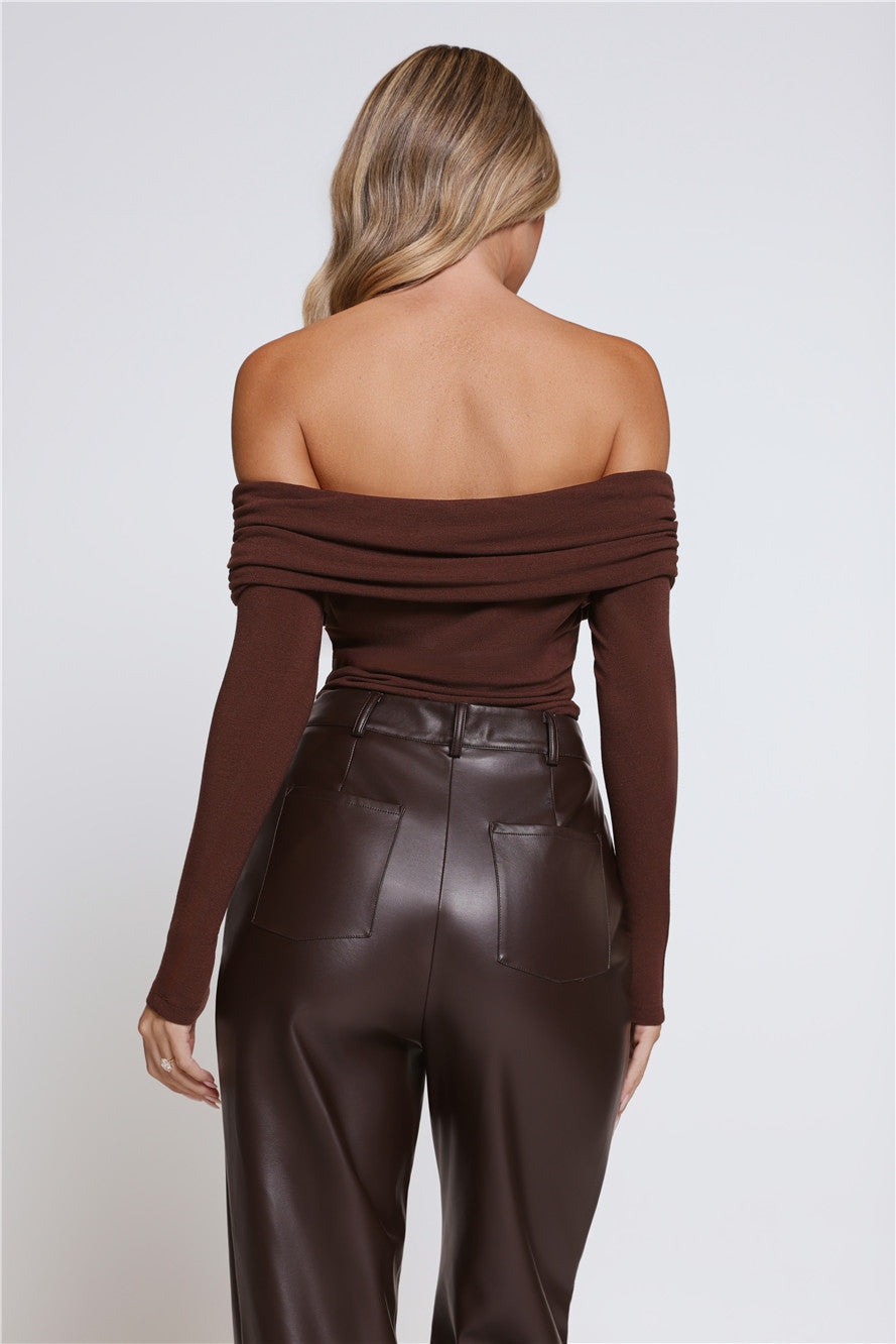 Mind Made Up Off Shoulder Long Sleeve Top Chocolate