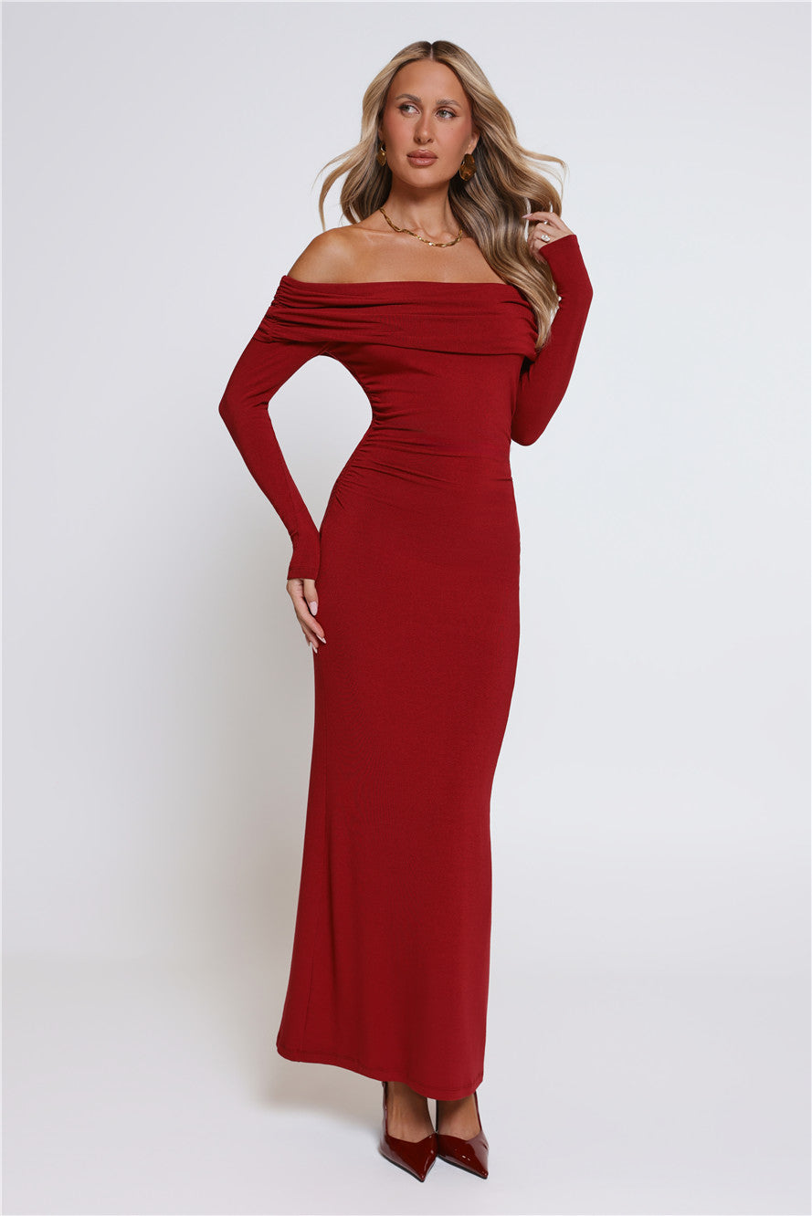 Mind Made Up Off Shoulder Long Sleeve Maxi Dress Wine