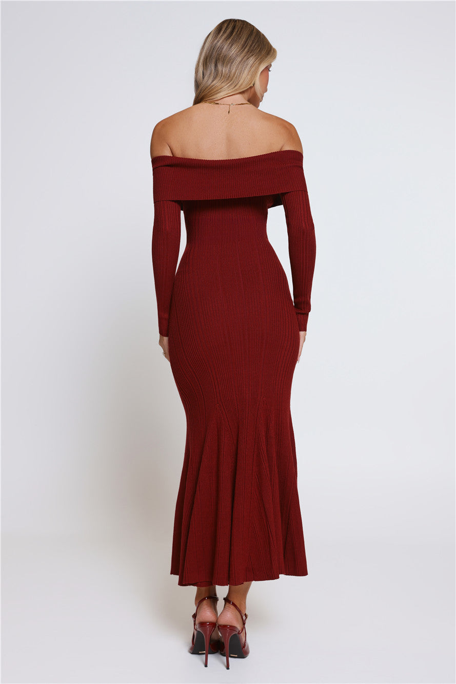 After Hours Aura Knit Off Shoulder Maxi Dress Wine