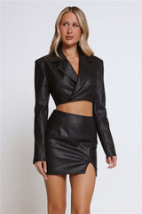 Elegant Agenda Faux Leather Cropped Blazer Black