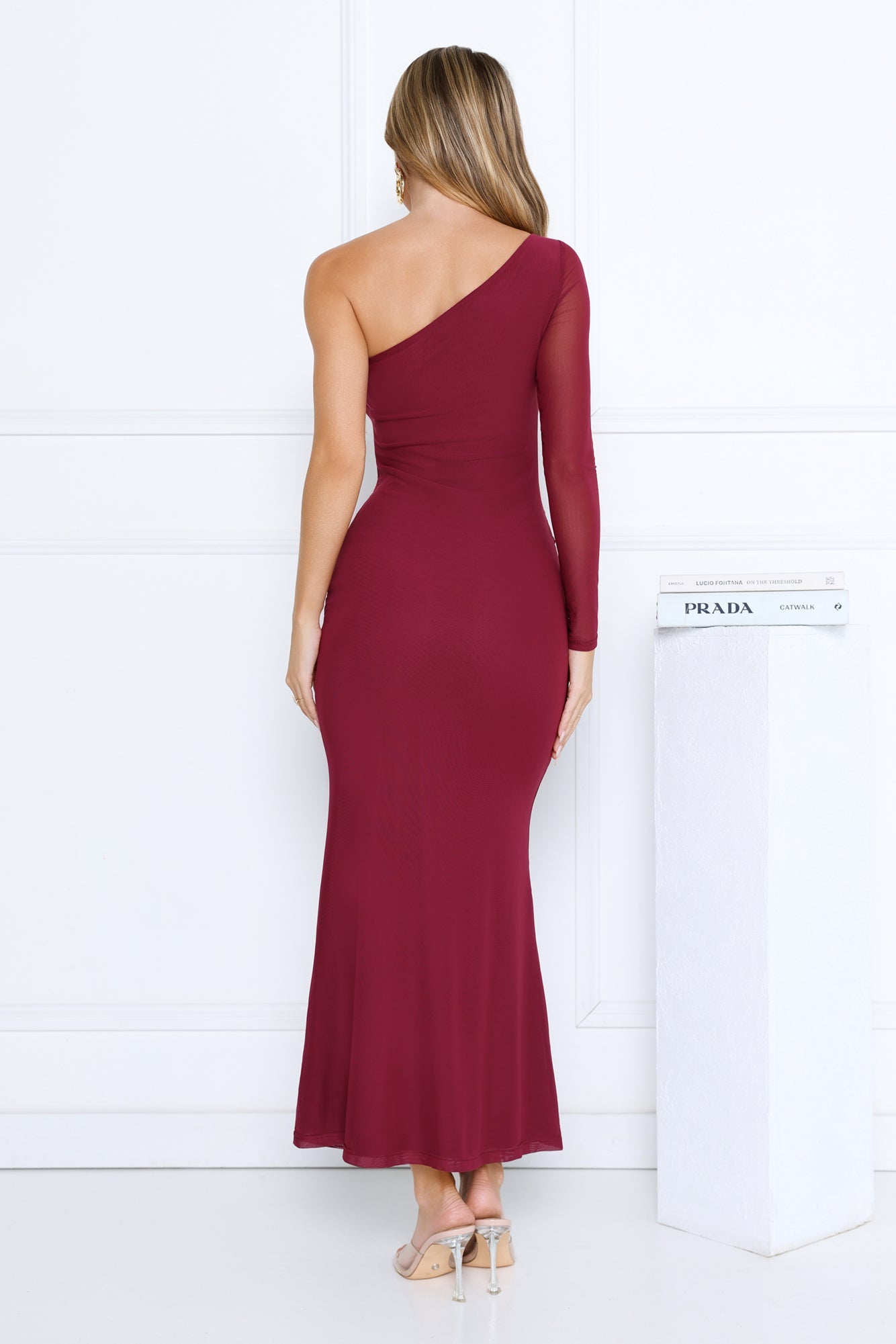 Dressed In Love One Shoulder Mesh Maxi Dress Plum