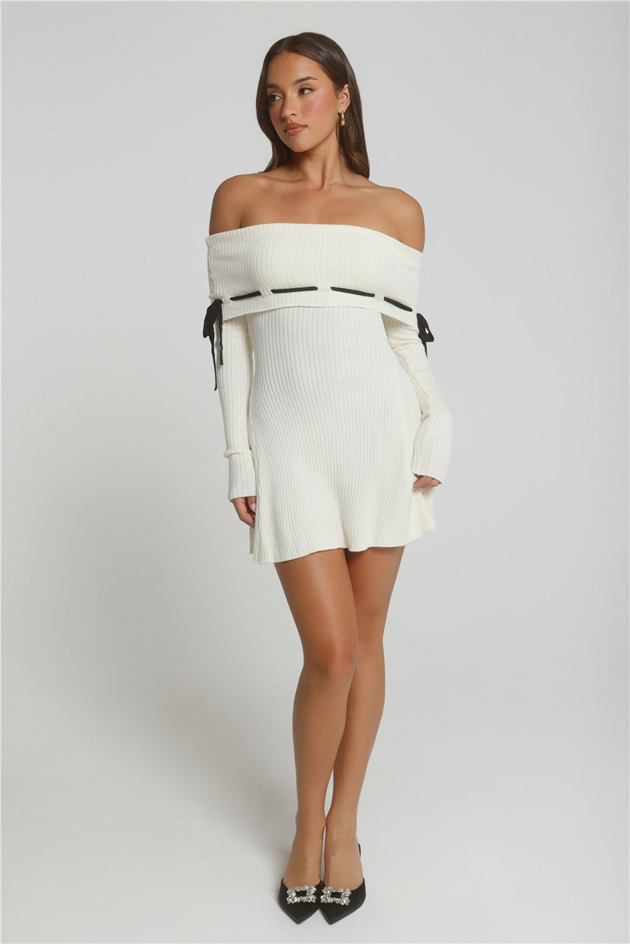 Winter Spice Off Shoulder Knit Mini Dress Cream