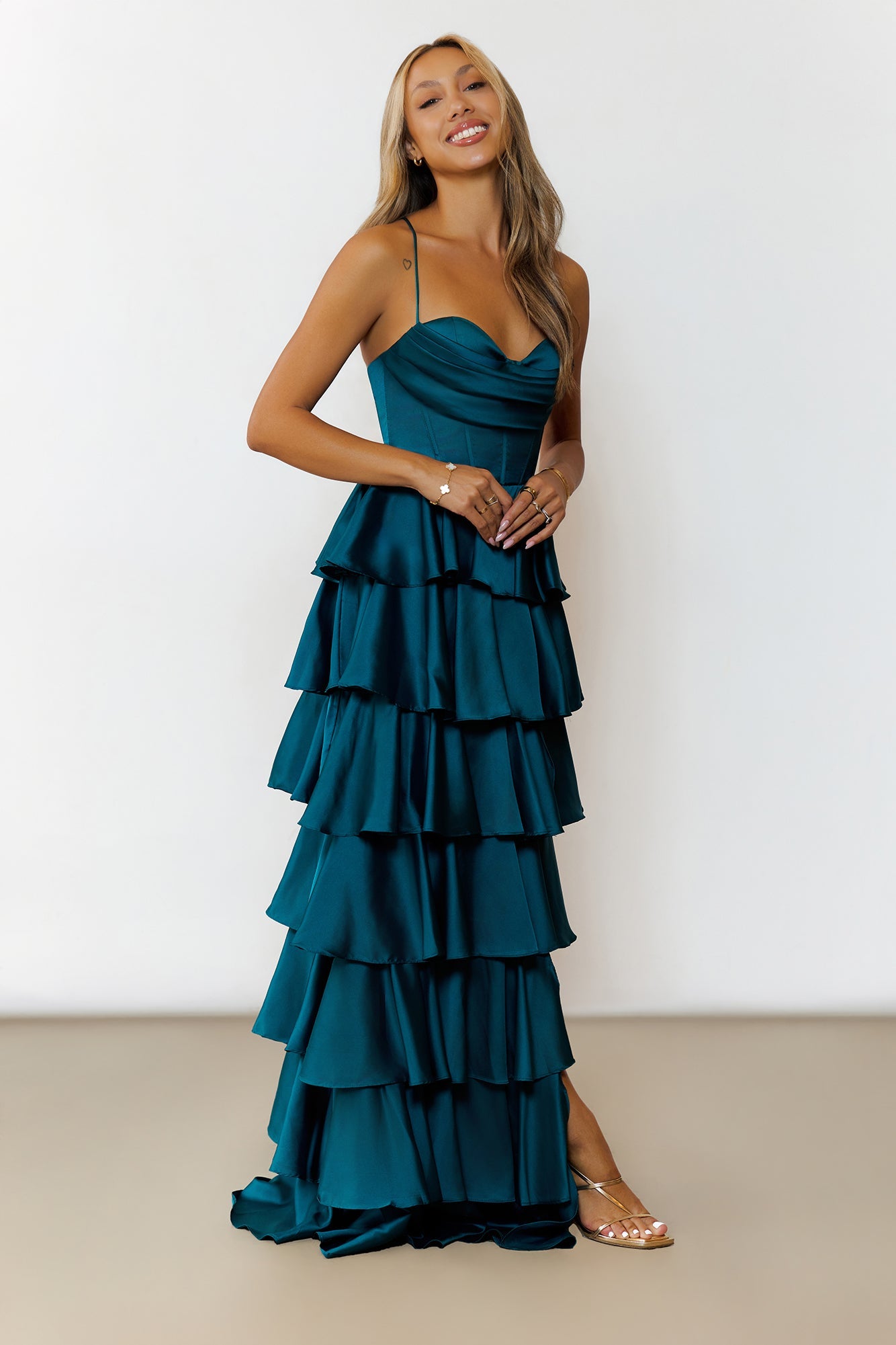 Lights Camera Party Satin Maxi Dress Emerald