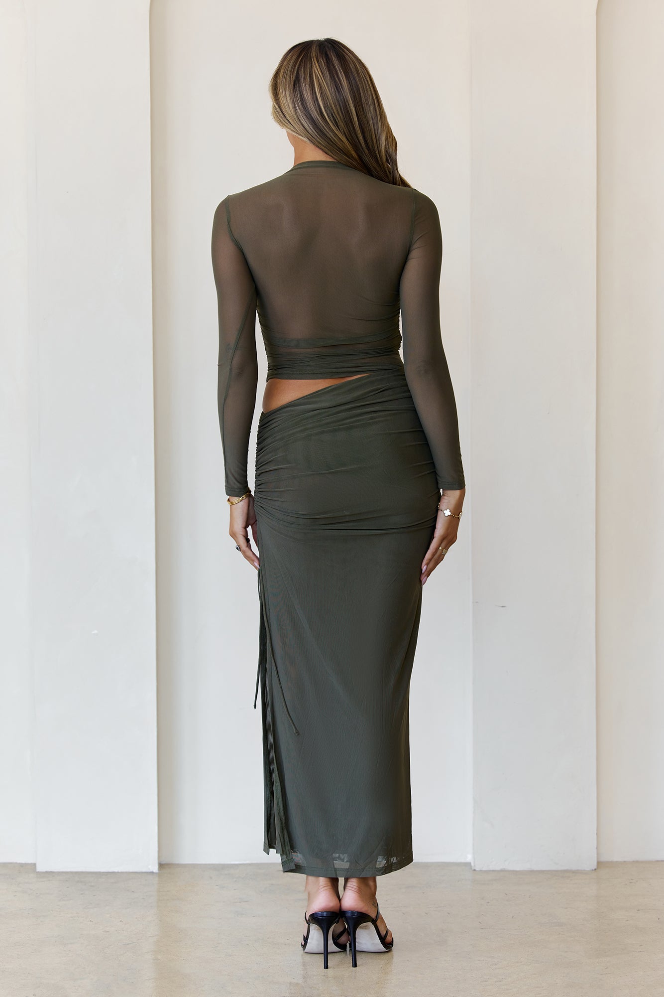 Own It Always Mesh Long Sleeve Maxi Dress Khaki