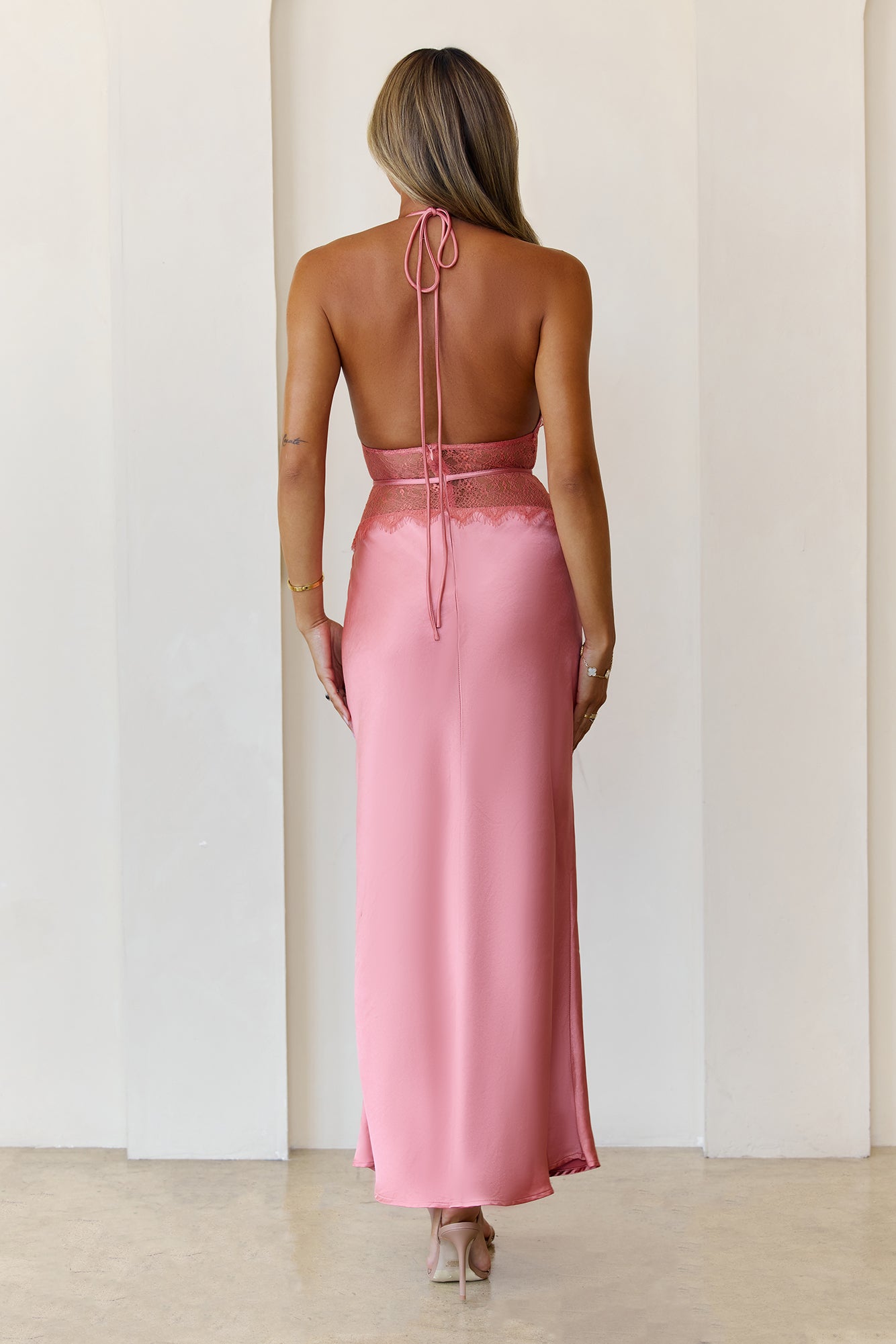 Ibiza Twilight Satin Lace Maxi Dress Rose